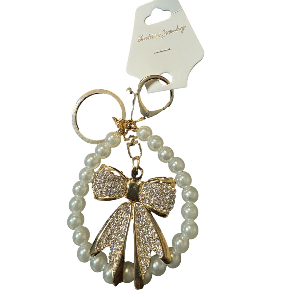 New Rhinestone Bow & Pearl Gold-Toned Bag Charm Keychain